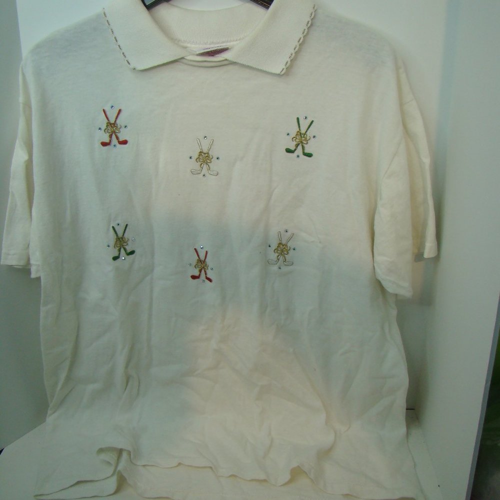Natalie Golf Tee Shirt Large Golf Club Christmas red white green Short Sleeve